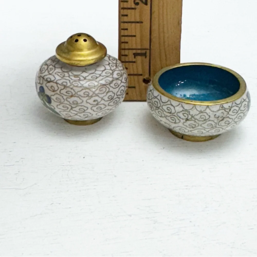 Blue Floral Cloisonné Salt and Pepper Shaker Cellar Vintage Stackable Brass
